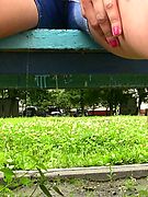Curvy bitchie in the jean shorts pissed herself confusedly on a bench